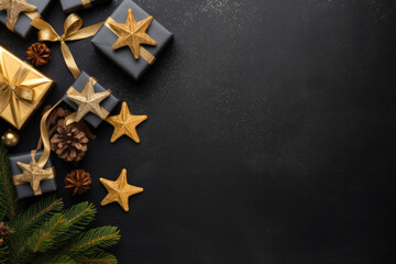 Christmas background with gift boxes and decorations. Top view with copy space