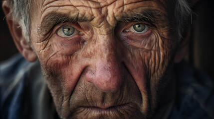 
close-up of an old man's face with a piercing gaze - obrazy, fototapety, plakaty
