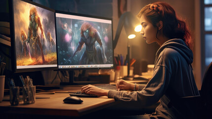 A digital artist creating design on computer