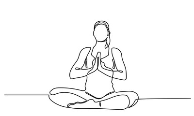 Continuous line drawing of yoga. women sitting yoga pose lotus. a woman sitting cross-legged meditating on a white background. concept of yoga, meditation, healthy body, and relaxation.
