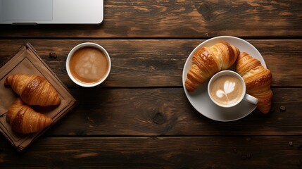 A detailed top view of a cozy coffee shop table with a laptop, croissants, and a steaming cup of coffee, evoking a comforting ambiance