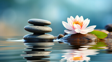 Beautiful lily flower and stack of stones on water