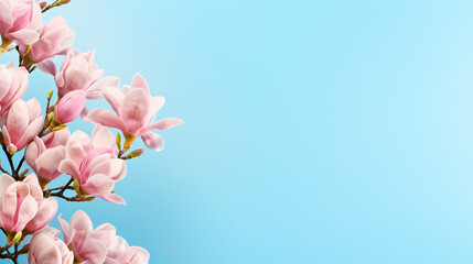 Beautiful pink magnolia flowers on blue background.