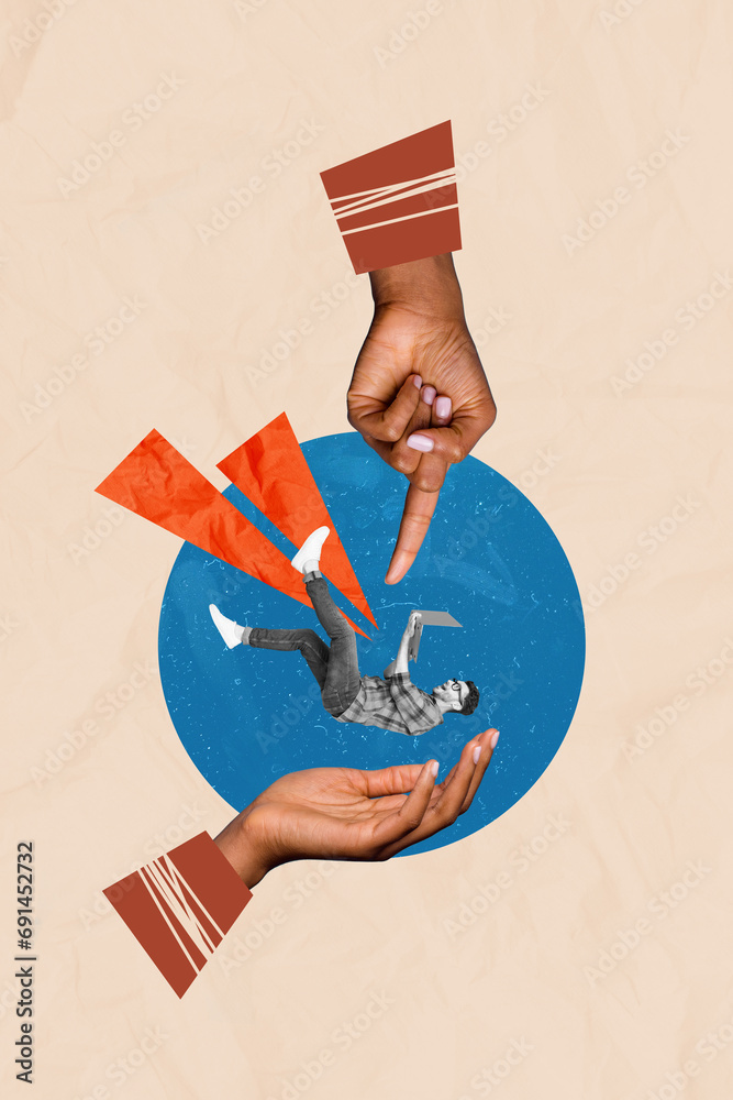 Poster composite collage image of funny businessman working falling hands catch finger point freak bizarre 