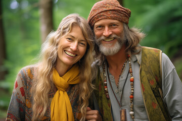 Fototapeta premium Middle aged couple at outdoors with hippie cloths