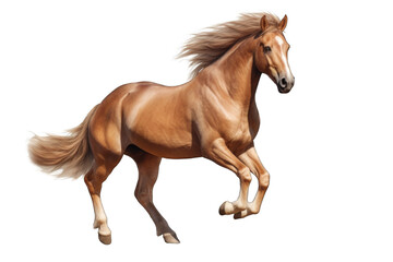 a brown horse in running jumping PNG isolated on white transparent background - obrazy, fototapety, plakaty
