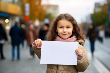 Cute little caucasian girl at outdoors holding an empty placard