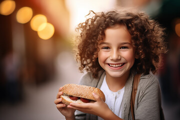 Naklejka premium Cute little caucasian girl at outdoors holding a sandwich