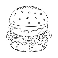 Hand drawn burger isolated on a white background. Doodle, simple outline illustration. It can be used for decoration of textile, paper.