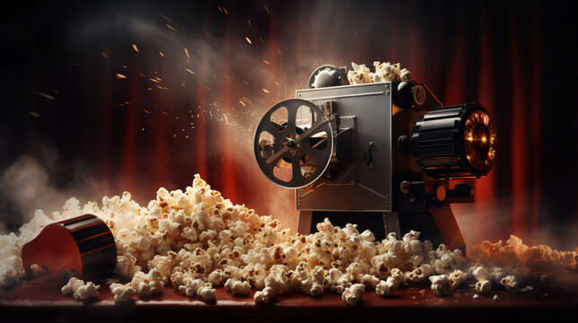 Vintage movie projector popcorn and cinema tickets