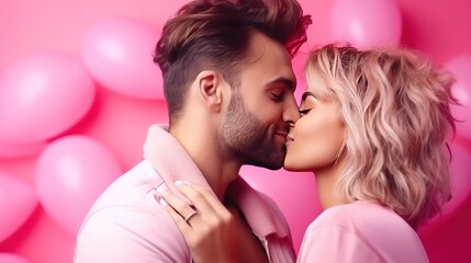 Woman kisses happy and smiling man Pink background with heart shape Valentine's Day. Emotions. Lifestyle.