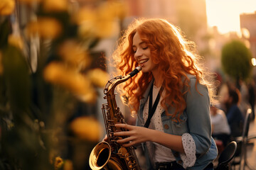 Young pretty redhead woman at outdoors playing the saxophone - obrazy, fototapety, plakaty