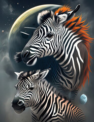 zebras with orange hair and a planet in the background