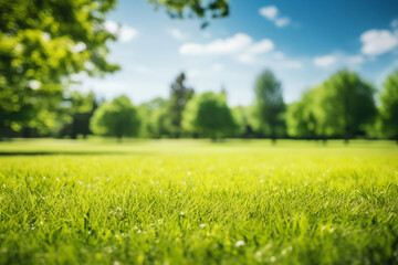 blurred background image of spring nature with a neatly trimmed lawn surrounded by trees against a blue sky with clouds on a bright sunny day - Powered by Adobe