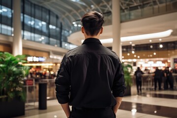 Security Guard Dressed In Black Stands Facing Away From Shopping Malls - obrazy, fototapety, plakaty