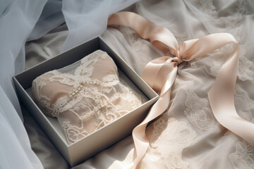 Wedding lace lingerie in a gift box on a bed - obrazy, fototapety, plakaty