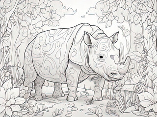 Naklejka premium coloring page of a rhino in the jungle with flowers and plants