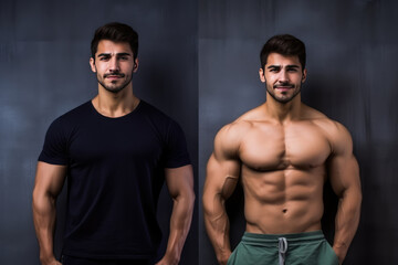 The Concept Of Power Sport Transformation Young Male Before And After With Muscles - obrazy, fototapety, plakaty