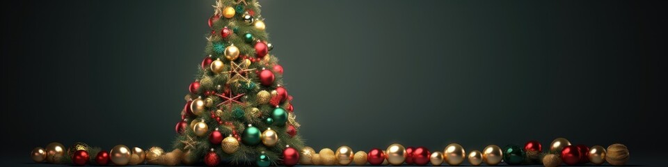 Fototapeta premium Christmas tree with ornaments has 3D rendering elements.