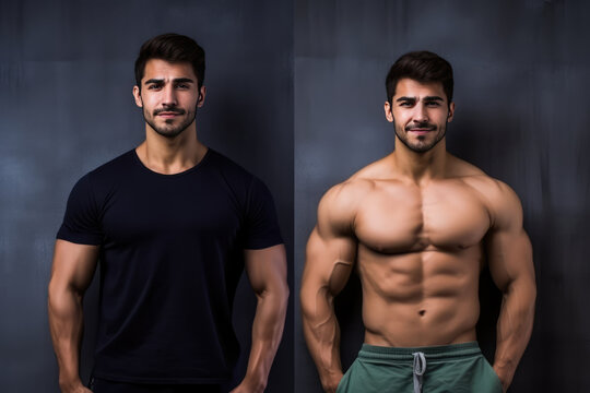 The Concept Of Power Sport Transformation Young Male Before And After With Muscles