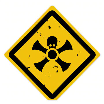 Yellow triangular sign. Grungy style danger sign with skull and cross bones on white background. Rusty. Warning. Caution. Hazard. Danger. Worn out.
