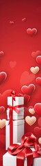 Valentine's Day Paper Art Concept Banner with Handmade Gift Box Lots of paper cut ribbons, bows and hearts on red background with space for text.
