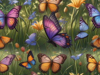 butterflies in a field of flowers and grass with a green background