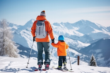 Family Ski Vacation In The Alps Mountains - obrazy, fototapety, plakaty