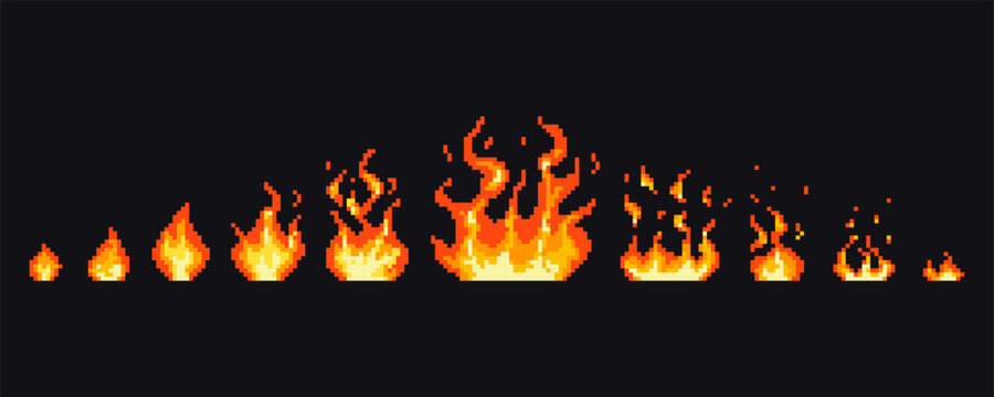 Combustion stages of a large fire, steps of pixel flame ignition. Small bonfire turning into a wall of fire and gradually fades away. Stages of pixel fire ignition.