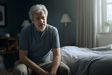 Depressed senior man sitting on the bed in the morning at home - Powered by Adobe