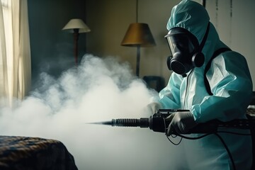 Man In Protective Suit Combating Bedbugs With Steam Spray - obrazy, fototapety, plakaty