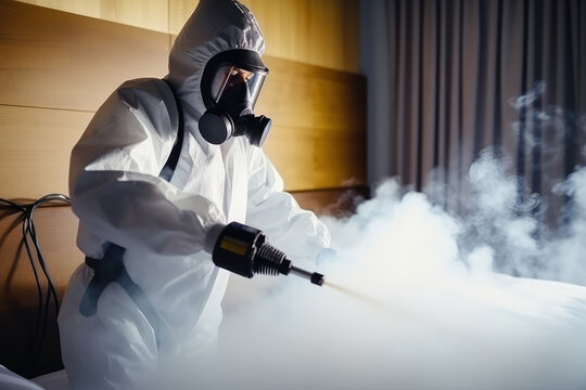 Man In Protective Suit Combating Bedbugs With Steam Spray