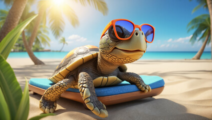 cute funny cartoon turtle on the beach wearing sunglasses design - obrazy, fototapety, plakaty