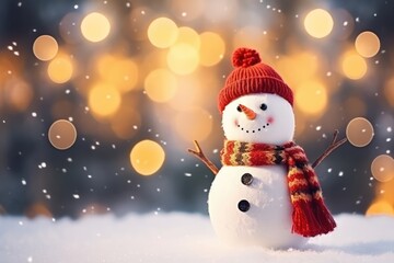 Fototapeta premium Snowman In Blurred Bokeh Background For Christmas Card