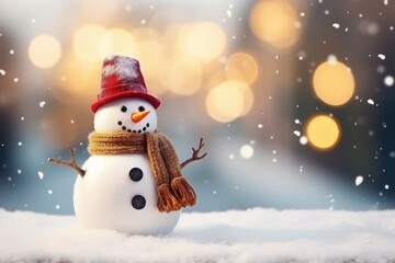 Snowman In Blurred Bokeh Background For Christmas Card