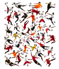 Different young men, football players in motion with ball during game, playing over white background. Collage. Concept of sport, 2024 competition, tournament, championship, match