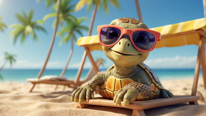 cute creative  funny cartoon turtle on the beach wearing sunglasses