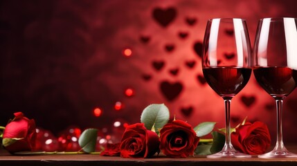 Valentine's Day red wine glass and rose couple heart background There is space to place text.