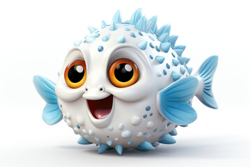 Illustration of a white puffer fish, detailed with blue spiky fins, vibrant orange eyes, and an enthusiastic expression. Ideal for animated stories, marine topics, or children's designs.