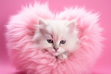 Cute kitten sitting in heart shape fluffy blanket over pink background. Cat looking at camera. Copy space. Concept of love, valentine, tender, intimacy.
