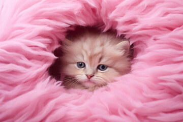 Cute kitten sitting in fluffy blanket over pink background. Cat looking at camera. Copy space. Concept of love, valentine, tender, intimacy.