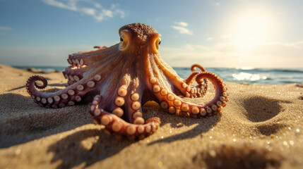 Close - up photo of an octopus on a sandy beach bathed in the soft morning sunlight - obrazy, fototapety, plakaty