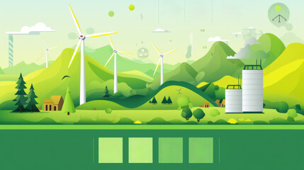 Green energy concept climate change mitigation, green ecology banner with windmills
 - obrazy, fototapety, plakaty