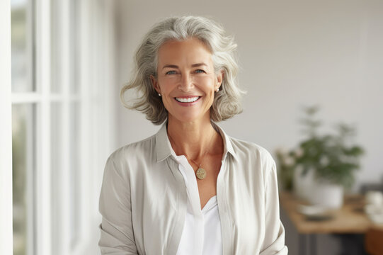 Radiant senior woman with silver hair and a warm smile, dressed in a casual chic shirt.