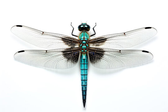 Light blue green dragonfly on white background, top view
