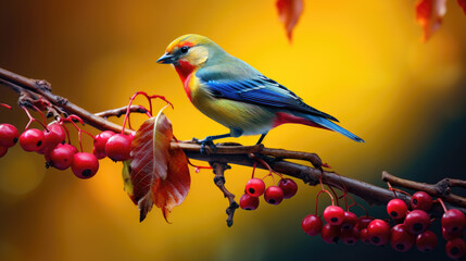 Obraz premium Vibrant multi-colored bird on branch with red berries.