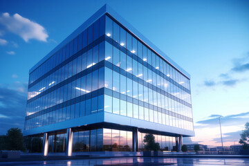 Modern office building with glass facade at sunset.