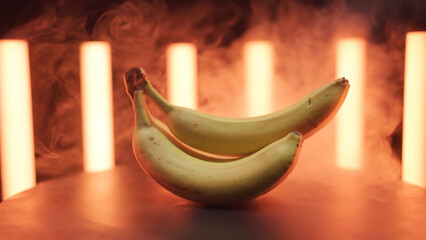 Banana fruit shoot surrounded with neon tubes and smoke