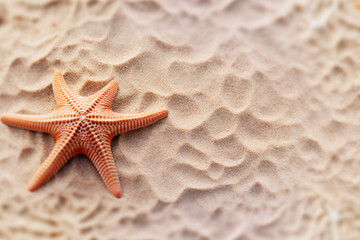 Fototapeta na wymiar Summer sea or beach concept. Starfishes on sand background. Top view and space for text.