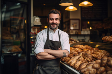 Bakery Entrepreneurship, Small Business Owner Proudly Showcases Fresh Croissants.
